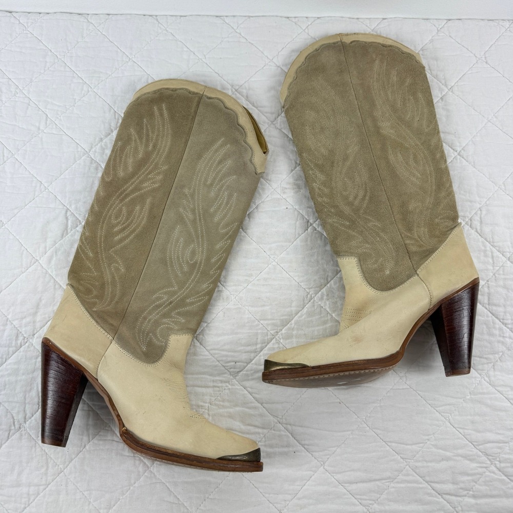Zodiac USA Vintage Western Boots Beige Tan Suede Leather Metal Toe 8.5M‎ 416185 - Picture 2 of 8